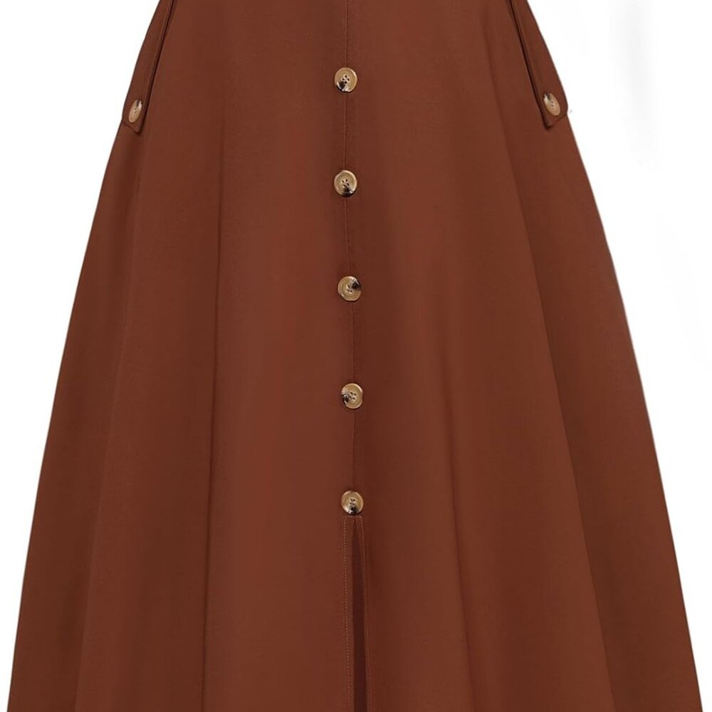 Womens A Line Midi Skirt Vintage Button Down Swing Skirt High Waisted Slit Pleat